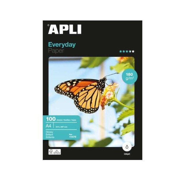 PAPEL FOTOGRAFICO APLI INKJET GLOSSY A4 180gr 100FLS