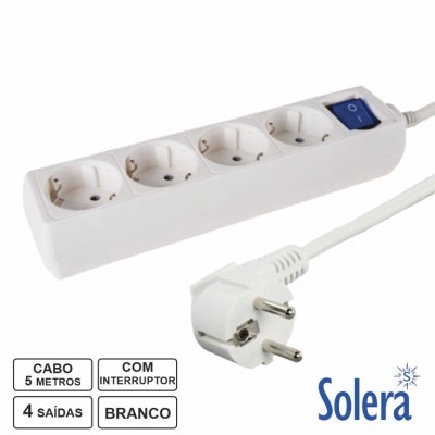 BLOCO 4 TOMADAS SCHUKO SOLERA C/ INTERRUPTOR E CABO 5MT - BRANCO