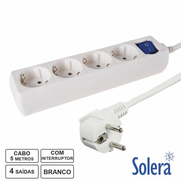 BLOCO 4 TOMADAS SCHUKO SOLERA C/ INTERRUPTOR E CABO 5MT - BRANCO