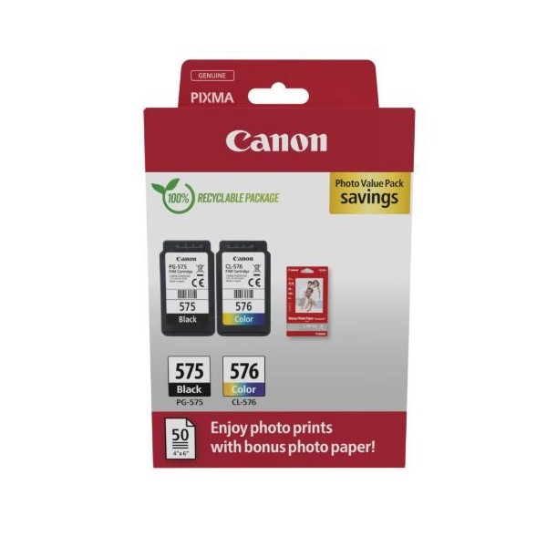KIT 2x TINTEIROS CANON PG575 + CL576 C/ 50 FLS FOTO ORIGINAL