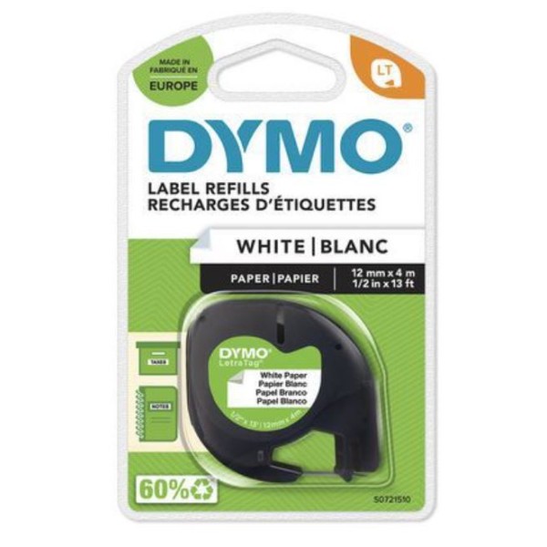 FITA DYMO LT ETIQUETA PAPEL 12MMX4MT PRETO/BRANCO