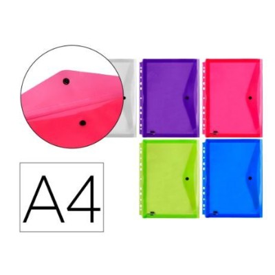 PACK 5x BOLSAS ENVELOPE A4 PLASTICO C/FECHO MOLA/VELCRO CORES SORTIDAS MULTIPERFURADA
