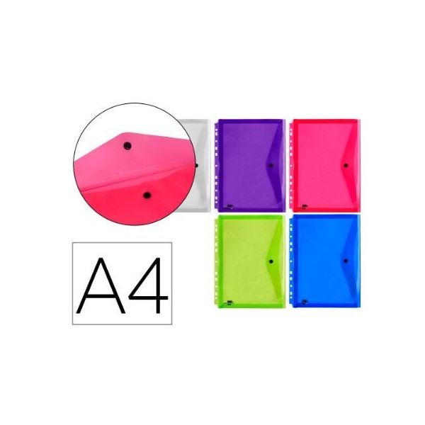 PACK 5x BOLSAS ENVELOPE A4 PLASTICO C/FECHO MOLA/VELCRO CORES SORTIDAS MULTIPERFURADA