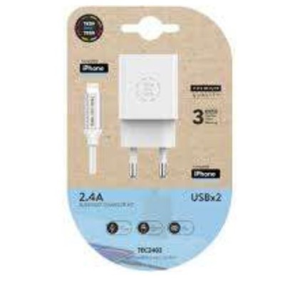 CARREGADOR P/ SMARTPHONE TECH ONE TECH  2xUSB-A  2.4A  C/ CABO LIGHTNING 1MT NYLON 