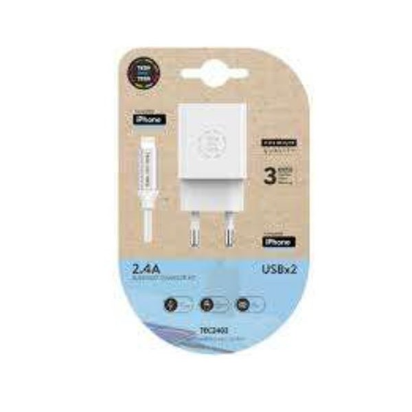 CARREGADOR P/ SMARTPHONE TECH ONE TECH  2xUSB-A  2.4A  C/ CABO LIGHTNING 1MT NYLON 