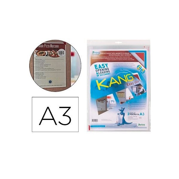 PACK 2x BOLSAS ADESIVAS REMOVIVEL A3 TARIFOLD C/ ESQUINA MAGNETICA