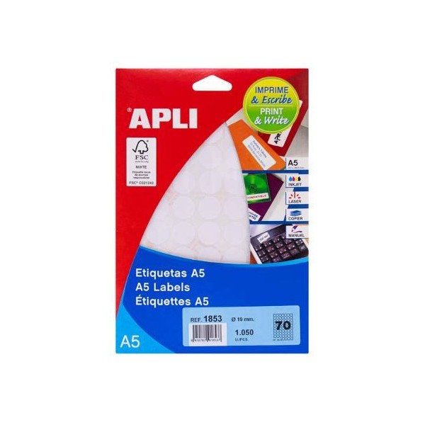 ETIQUETAS APLI REDONDAS 19mm  A5 15FLS x 70 ETIQ
