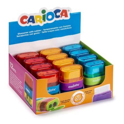 AFIA /APARA LAPIS (2 BOCAS) + BORRACHA CARIOCA C/ PROTEÇAO E DEPOSITO CORES SORTIDAS