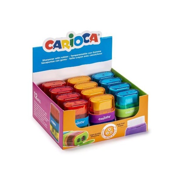 AFIA /APARA LAPIS (2 BOCAS) + BORRACHA CARIOCA C/ PROTEÇAO E DEPOSITO CORES SORTIDAS
