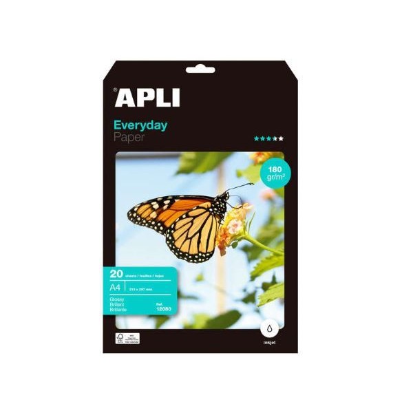 PAPEL FOTOGRAFICO APLI INKJET GLOSSY A4 180gr.  20FLS