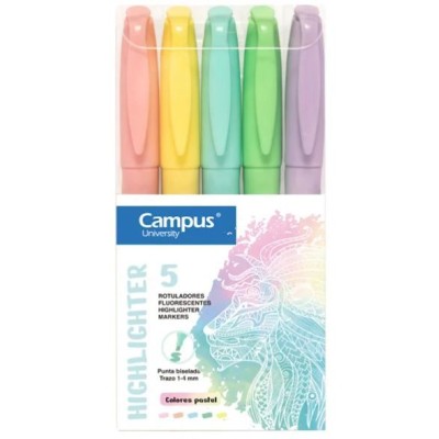 ESTOJO C/ 5x MARCADORES FLUORESCENTE (PASTEL) CAMPUS UNIVERSITY "FINO" CORES SORTIDAS PASTEL