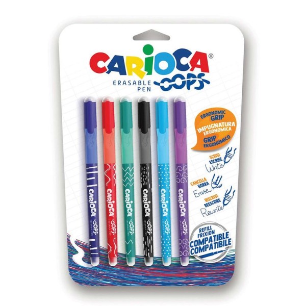 BLISTER 6x ESFEROGRAFICAS CARIOCA OOPS 0,7mm (TINTA APAGAVEL C/TAMPA) VARIAS CORES