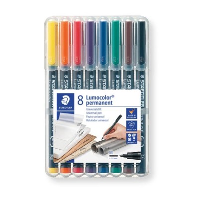 KIT 8 x MARCADORES PERMANENTES ACETATO STAEDTLER LUMOCOLOR  1.0MM M PRETO/AZUL/VERDE/VERMELHO/CASTANHO/ROXO/LARANJA/AMARELO