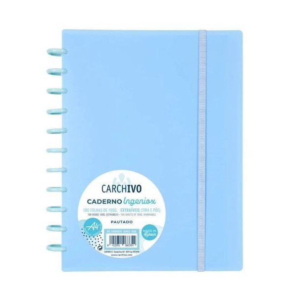 CADERNO INTELIGENTE "PP" INGENIOX A4 100gr. 100FLS PAUTADO COR AZUL PASTEL