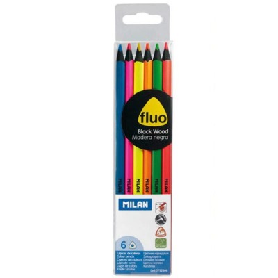 BLISTER C/ 6 x LAPIS DE COR MILAN MADEIRA NEGRA CORES FLUORESCENTES