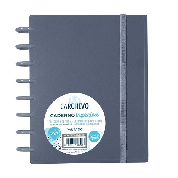CADERNO INTELIGENTE "PP" INGENIOX A5 100gr. 100FLS PAUTADO COR CINZA