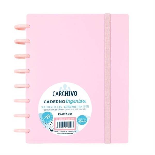 CADERNO INTELIGENTE "PP" INGENIOX A5 100gr. 100FLS PAUTADO COR ROSA PASTEL