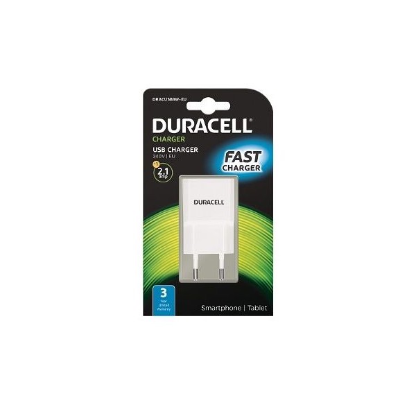 CARREGADOR DURACELL 2.1A ENTRADA USB (SEM CABO) P/ SMARTPHONE / TABLET BRANCO