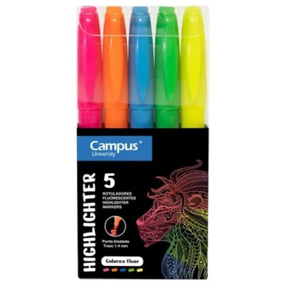 ESTOJO C/ 5x MARCADORES FLUORESCENTE CAMPUS UNIVERSITY "FINO" CORES SORTIDAS
