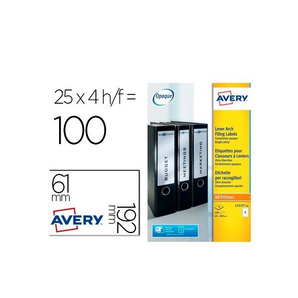 ETIQUETAS BRANCAS A4 AVERY 192x61mm 100FLS x 4 ETIQ.