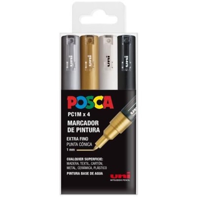 BLISTER C/ 4 x MARCADORES UNIBALL POSCA PC1M 0,7-1mm (OURO / PRATA / BRANCO / PRETO)