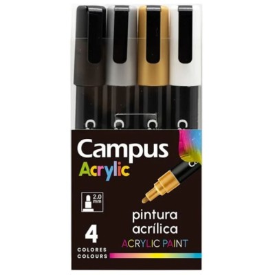 BLISTER C/ 4 x MARCADORES CAMPUS ACRYLIC 2.0mm - CORES METALICAS