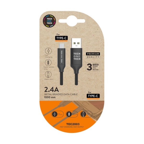CABO NYLON USB TIPO (A) PARA USB TIPO (C) M/M 2.4A 1MT - TECHONETECH