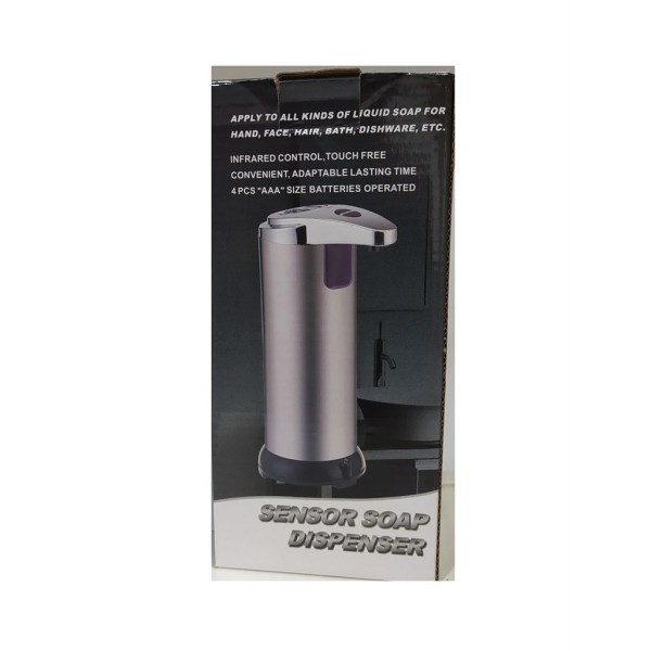 DOSEADOR PORTATIL P/ GEL MAOS / SABONETE LIQUIDO 250ml AÇO INOXIDAVEL PRATEADO (ALIMENTAÇÃO 4 PILHAS AAA - NAO INCLUIDAS)