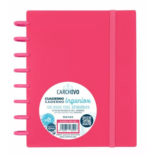 CADERNO INTELIGENTE "PP" INGENIOX A5 100gr. 100FLS PAUTADO COR VERMELHO