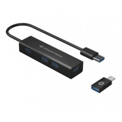 HUB CONCEPTRONIC C/ 4xPORTAS USB 3.0 C/ ADAPTADOR USB-C - PRETO