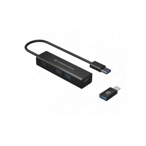 HUB CONCEPTRONIC C/ 4xPORTAS USB 3.0 C/ ADAPTADOR USB-C - PRETO