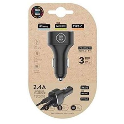CARREGADOR DE ISQUEIRO AUTO 2xUSB-A TECH ONE TECH ALTO RENDIMENTO