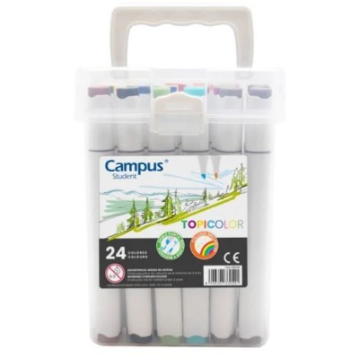 CAIXA C/ 24 x MARCADORES COLORIDOS DUPLA PONTA CAMPUS TOPICOLOR BASE AGUA CORES SORTIDAS