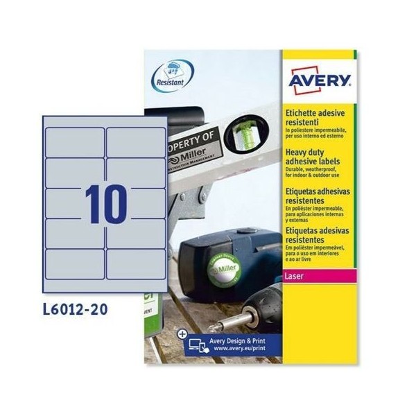 ETIQUETAS AVERY LASERJET POLIESTER 96x50.8MM PRATA 10ETIQ. x 20FLS