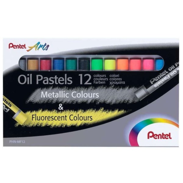 CAIXA C/ 12 x LAPIS PASTEL DE OLEO PENTEL OIL CORES FLUORESCENTES + CORES METALICAS