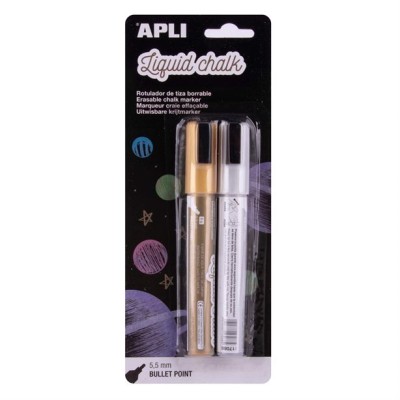 BLISTER C/  2 x MARCADOR GIZ LIQUIDO APLI 5.5mm OURO E PRATA