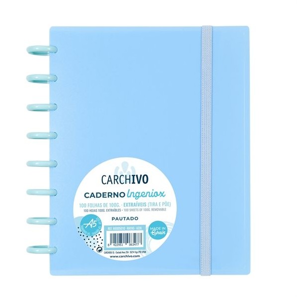 CADERNO INTELIGENTE "PP" INGENIOX A5 100gr. 100FLS PAUTADO COR AZUL PASTEL