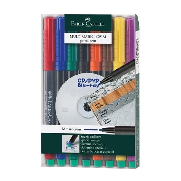 KIT 8x MARCADOR ACETATO PERMANENTE FABER- CASTELL MULTIMARK M 1.0mm  CORES SORTIDAS