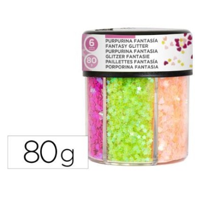FRASCO 75gr. C/ PURPURINA EM  FORMAS CORAÇAO E ESTRELA CORES NEON SORTIDAS 