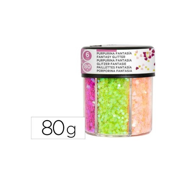 FRASCO 75gr. C/ PURPURINA EM  FORMAS CORAÇAO E ESTRELA CORES NEON SORTIDAS 