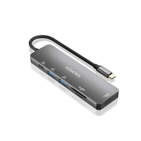 HUB AISENS C/ 6xPORTAS 1xHDMI - 2xUSB-A - 1xUSB-C PD 100W - 1xSD - 1xMicro SD  (CABO USB-C 15CM) 