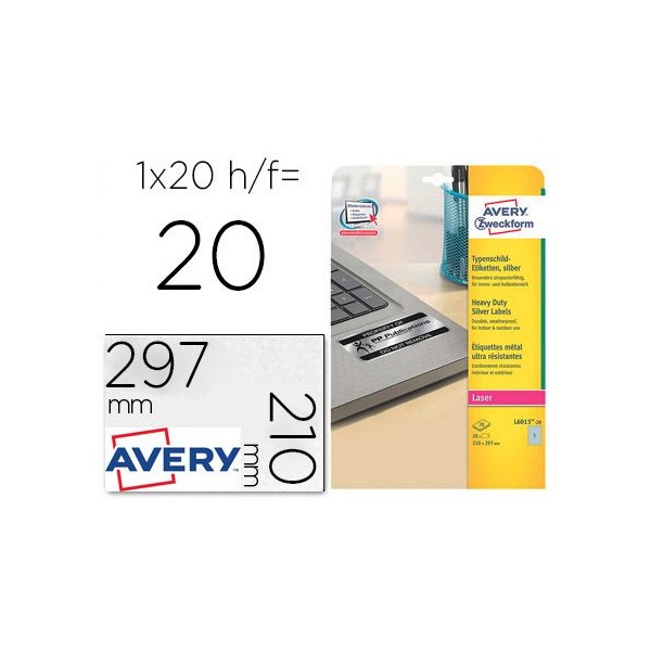 ETIQUETAS AVERY LASERJET POLIESTER 210x297MM PRATA 20FLS