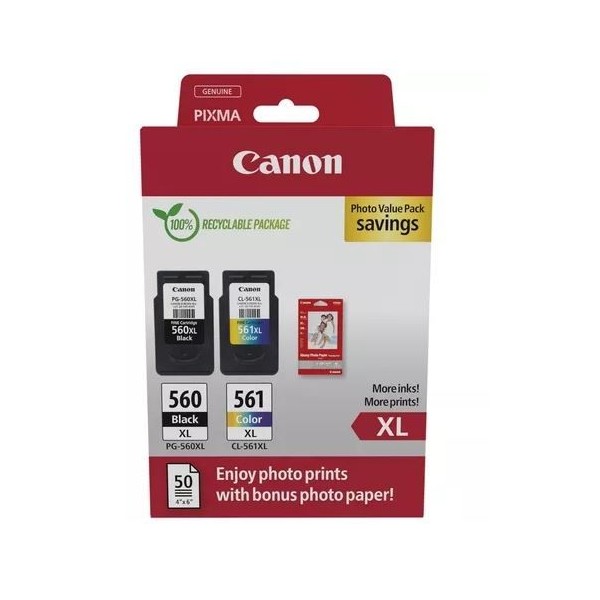KIT 2x TINTEIROS CANON PG560XL + CL561XL ORIGINAL + 50 FOLHAS 10x15cm