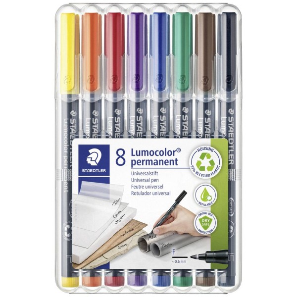 KIT 8 x MARCADORES PERMANENTES ACETATO STAEDTLER LUMOCOLOR  0.6MM F PRETO/AZUL/VERDE/VERMELHO/CASTANHO/ROXO/LARANJA/AMARELO