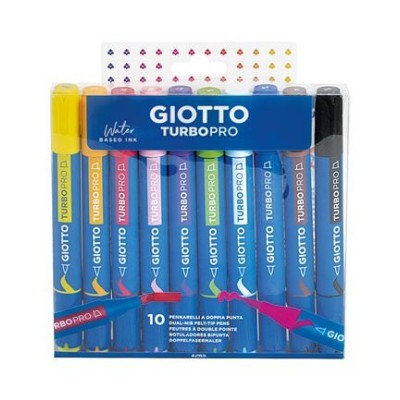 CAIXA C/ 10 x MARCADORES COLORIDOS DUPLA PONTA GIOTTO TURBO PRO AGUARELAVEIS (BASE AGUA) CORES SORTIDAS