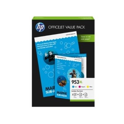 KIT 3 x TINTEIROS HP 953XL (Y+C+M) +75FLS PAPEL FOTO ORIGINAL