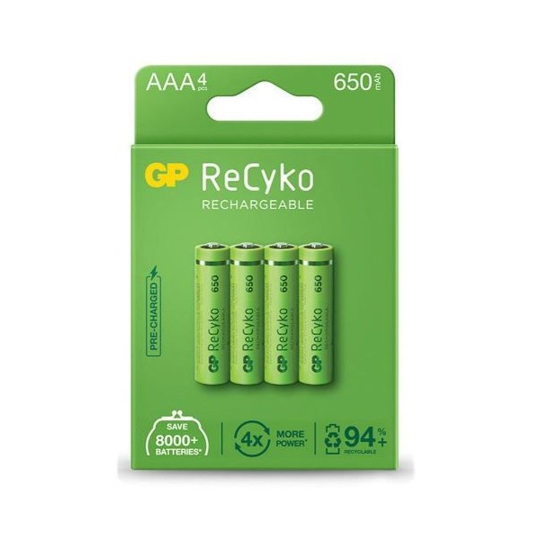 BLISTER C/ 4 x PILHAS RECARREGAVEIS GP RECYKO AAA 650mAh 1,2V
