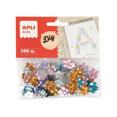 BLISTER C/ 100 x DIAMANTES EM FORMA DE FLORES AUTOCOLANTES APLI SORTIDOS