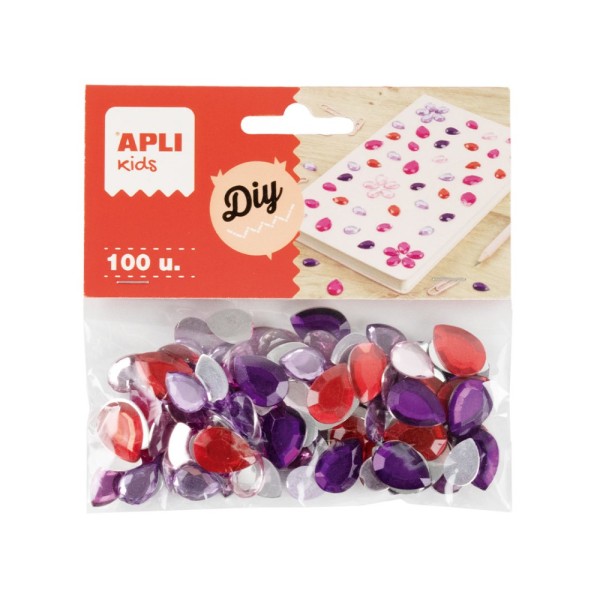 BLISTER C/ 100 x DIAMANTES EM FORMA DE GOTA AUTOCOLANTES APLI SORTIDOS