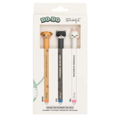 KIT 3 x ESFEROGRAFICAS APAGÁVEIS MR WONDERFUL BO-BO - CAO, GATO E COELHO